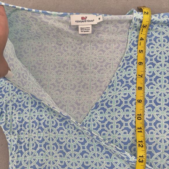 Vineyard Vines Midi Dress M Faux Wrap Geometric Blue Mint V Neck Stretch Viscose - Picture 7 of 11